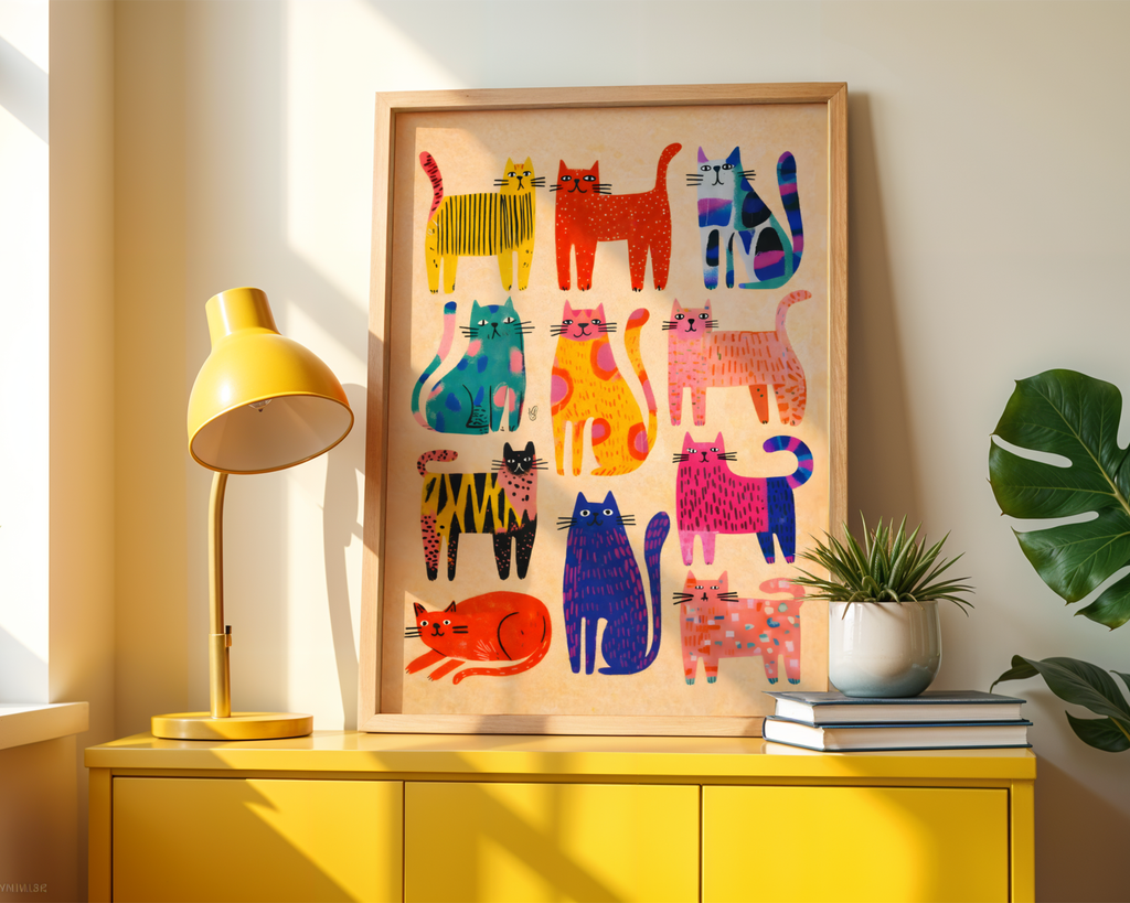 Väggmockup av Colorful Cat Parade affisch på ljus vägg – Bozetto konsttryck – nr 4