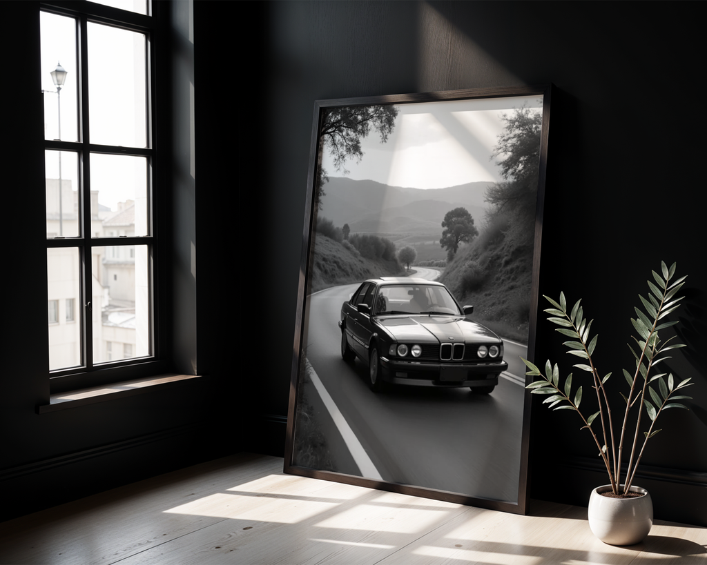 Väggmockup av Vintage BMW affisch på ljus tegelvägg – Bozetto konsttryck i hög tryckkvalitet