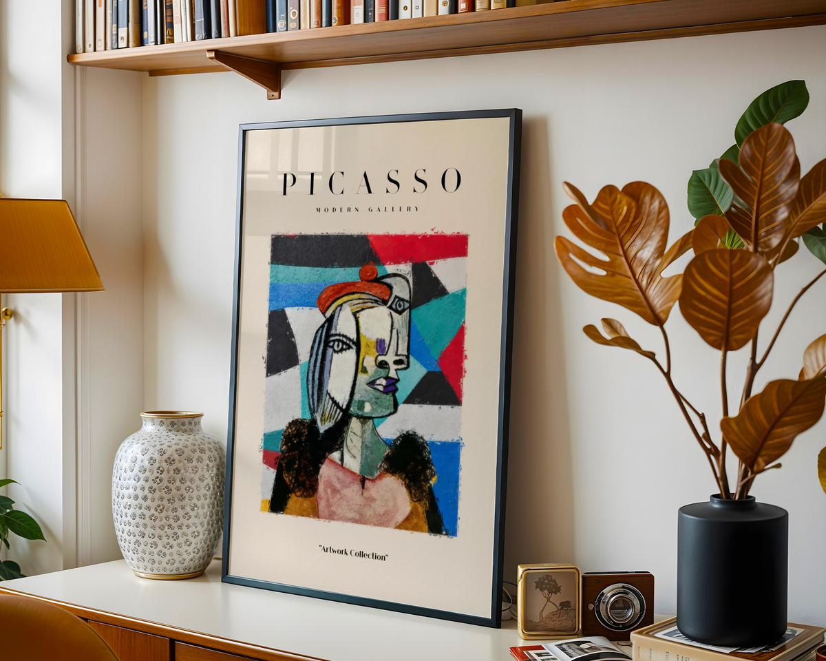 Colorful Abstract Face Poster mockup på vägg – inramad konstaffisch i interiör från Bozetto