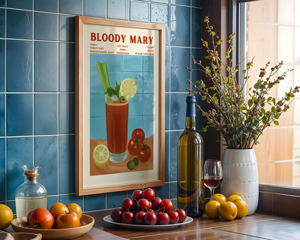 Väggmockup av Bloody Mary Cocktail affisch på ljus vägg – Bozetto konsttryck – nr 3