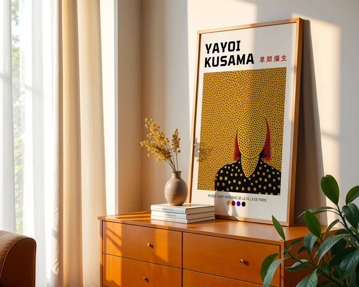 Mockup av Yayoi Kusama Abstract Face affisch på vägg – köp enkelt hos Bozetto i hög kvalitet