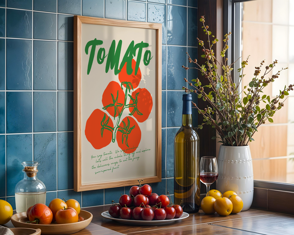 Väggmockup av Tomato Lover affisch på ljus tegelvägg – Bozetto konsttryck i hög tryckkvalitet