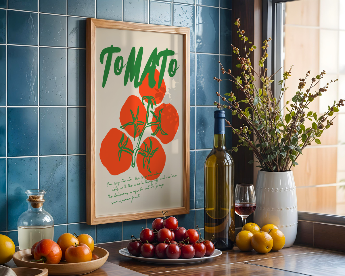 Väggmockup av Tomato Lover affisch på ljus tegelvägg – Bozetto konsttryck i hög tryckkvalitet