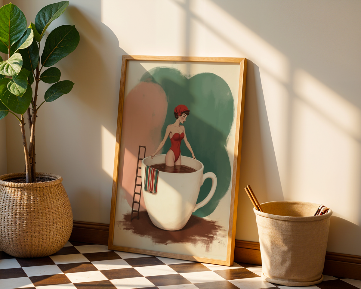 Mockup av Hot Coffe Bath affisch på vägg – köp enkelt hos Bozetto i hög kvalitet