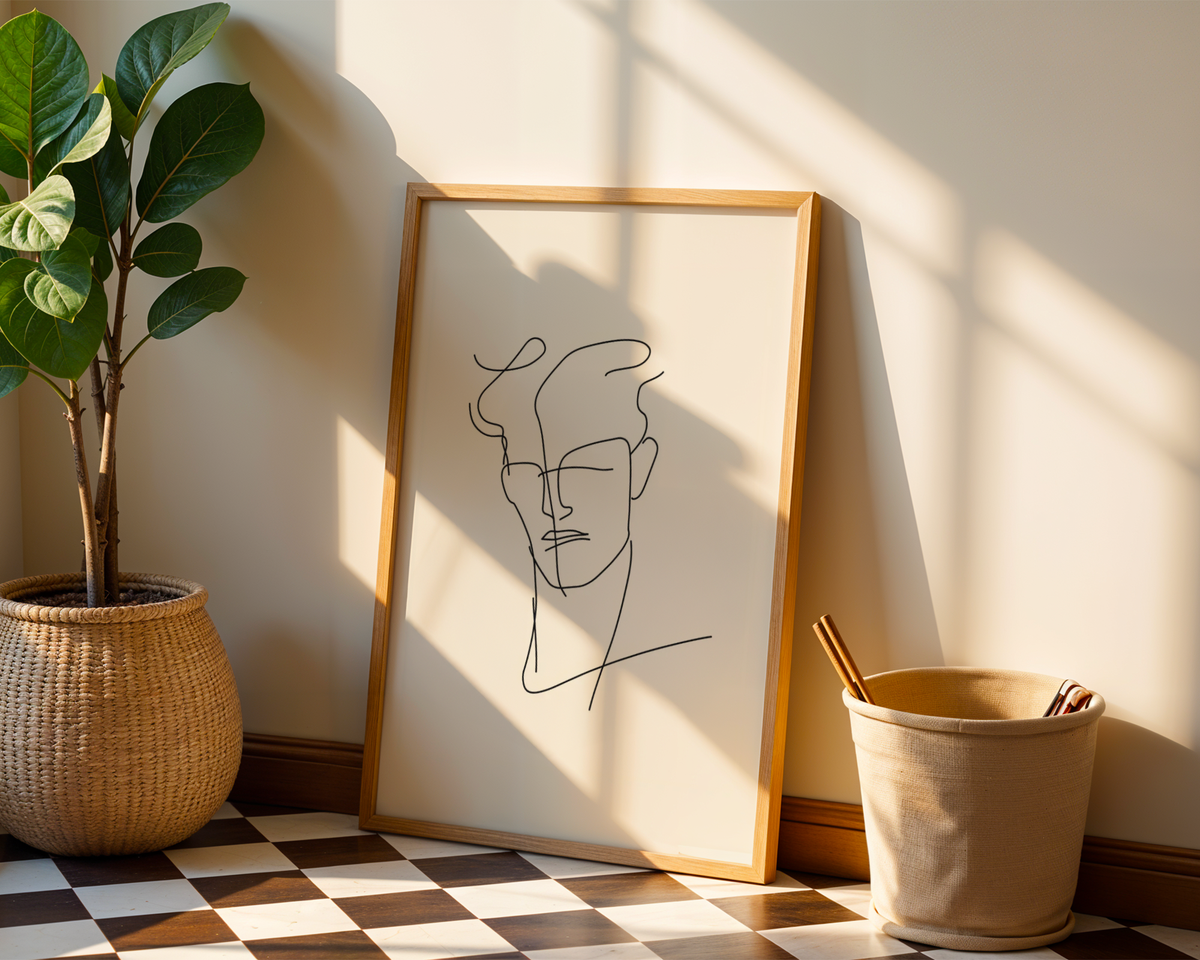 Mockup av Modern Line Art Man affisch på vägg – köp enkelt hos Bozetto i hög kvalitet