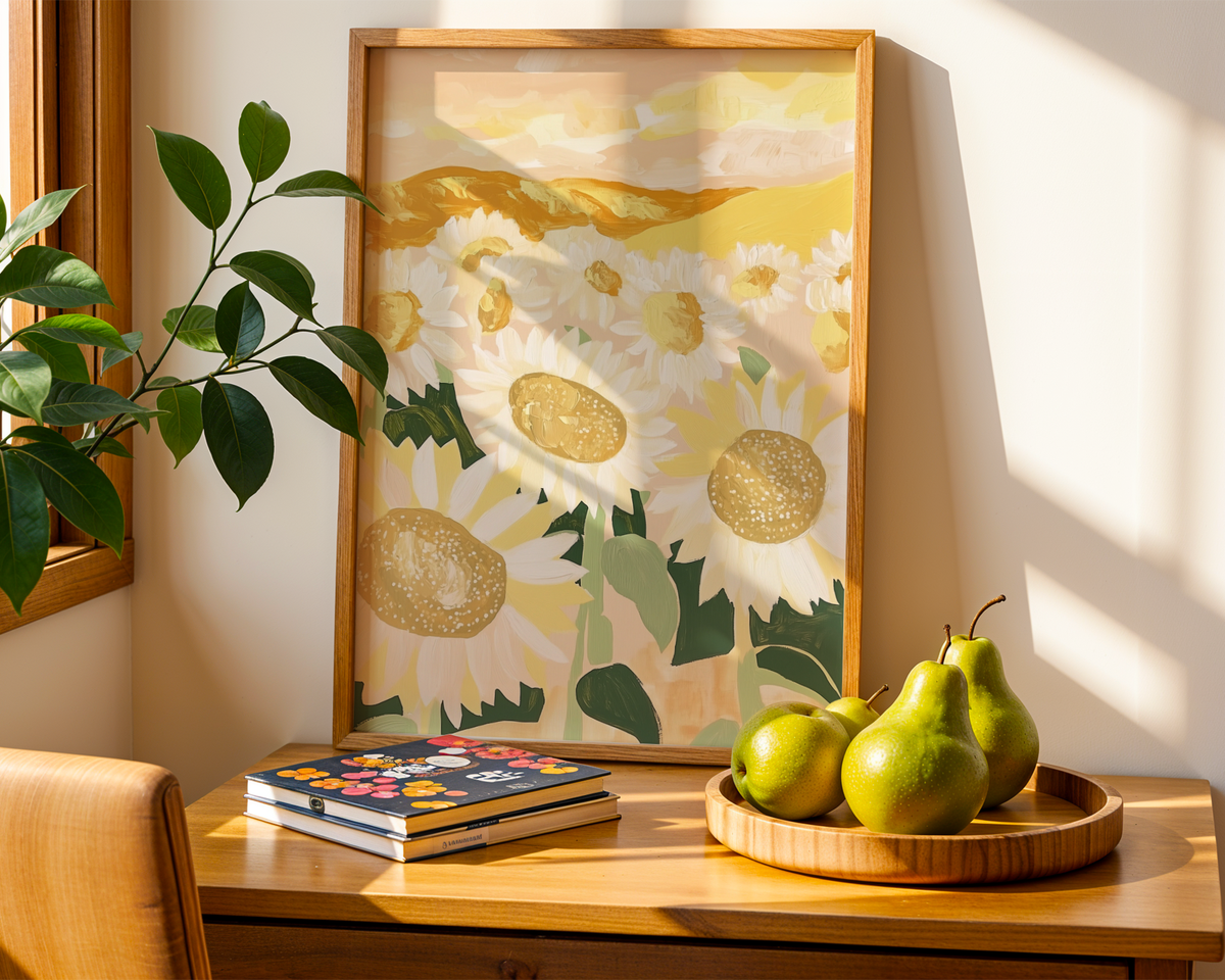 Mockup av Sunlit Poppies affisch på vägg – köp enkelt hos Bozetto i hög kvalitet