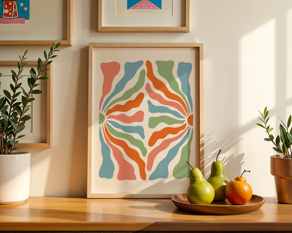 Mockup av Organic Flow Shapes affisch på vägg – köp enkelt hos Bozetto i hög kvalitet