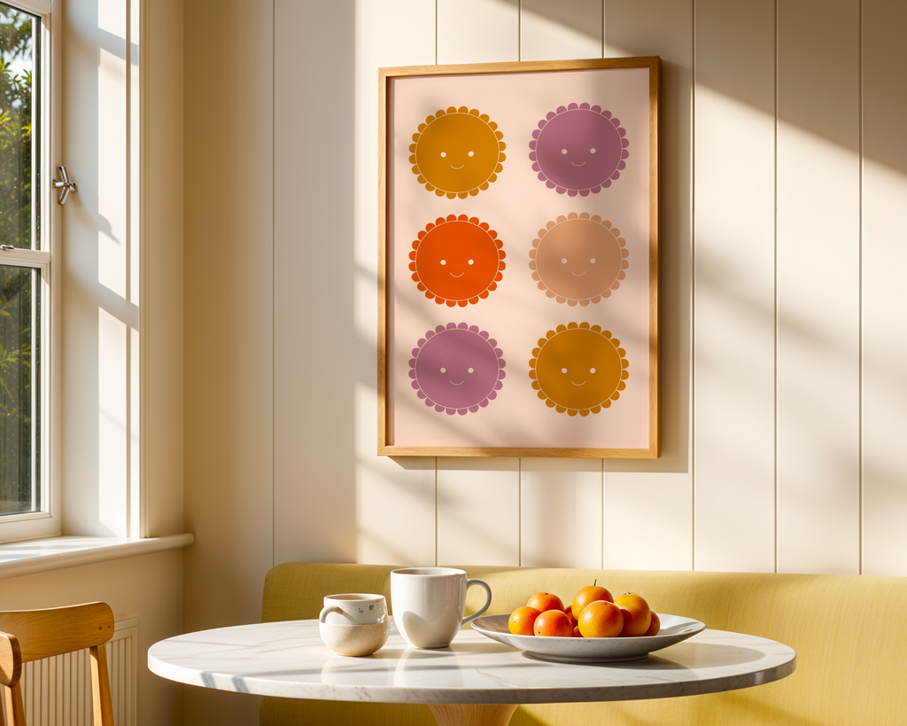 Väggmockup av Happy Dots affisch på ljus tegelvägg – Bozetto konsttryck i hög tryckkvalitet