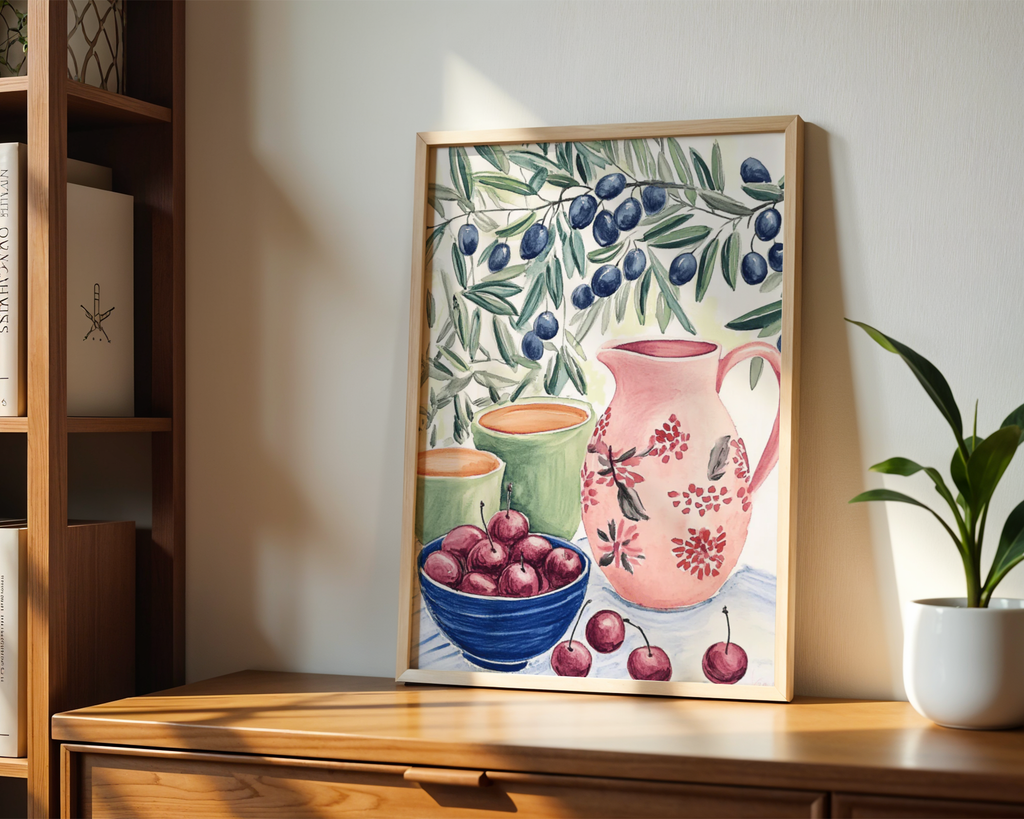 Mockup av Watercolor Fruit And Olive affisch på vägg – köp enkelt hos Bozetto i hög kvalitet