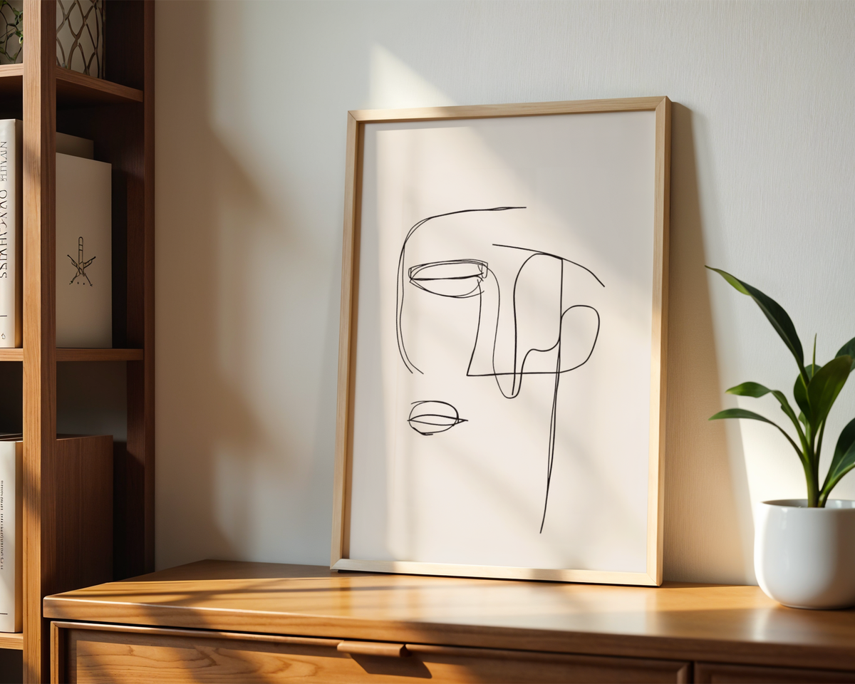 Mockup av Abstract One Line Face affisch på vägg – köp enkelt hos Bozetto i hög kvalitet
