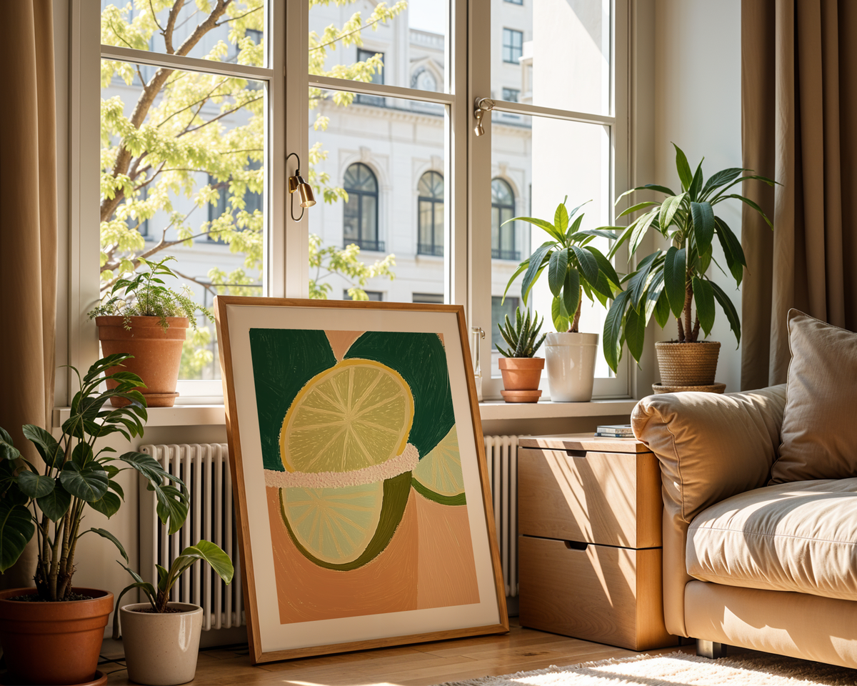 Väggmockup av Citrus Dream affisch på ljus tegelvägg – Bozetto konsttryck i hög tryckkvalitet
