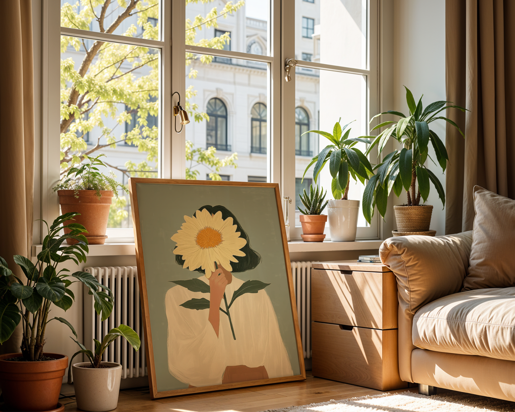 Mockup av Hidden sunflower No.2 affisch på vägg – köp enkelt hos Bozetto i hög kvalitet