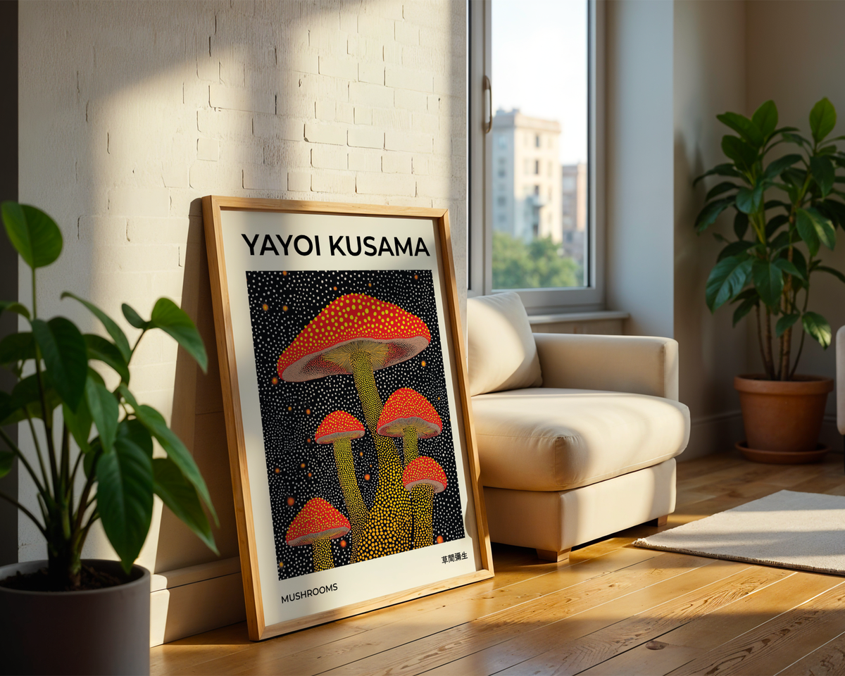 Mockup av Yayoi Kusama Mushrooms affisch på vägg – köp enkelt hos Bozetto i hög kvalitet