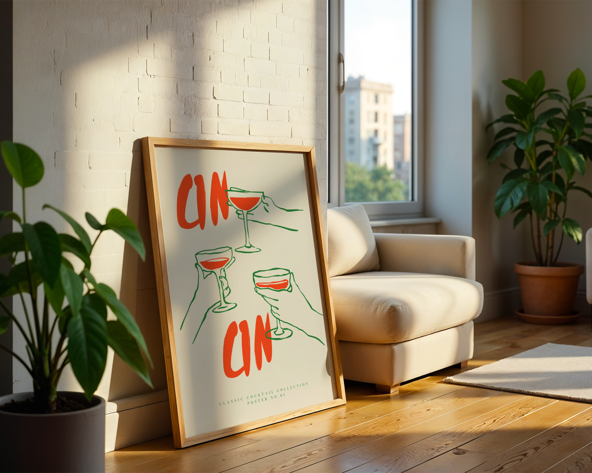 Mockup av Cin Cin Classic Cocktail affisch på vägg – köp enkelt hos Bozetto i hög kvalitet