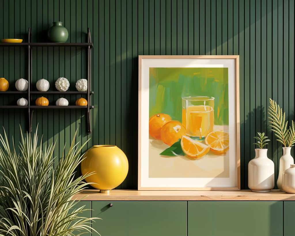 Väggmockup av Orange Juice affisch på ljus tegelvägg – Bozetto konsttryck i hög tryckkvalitet