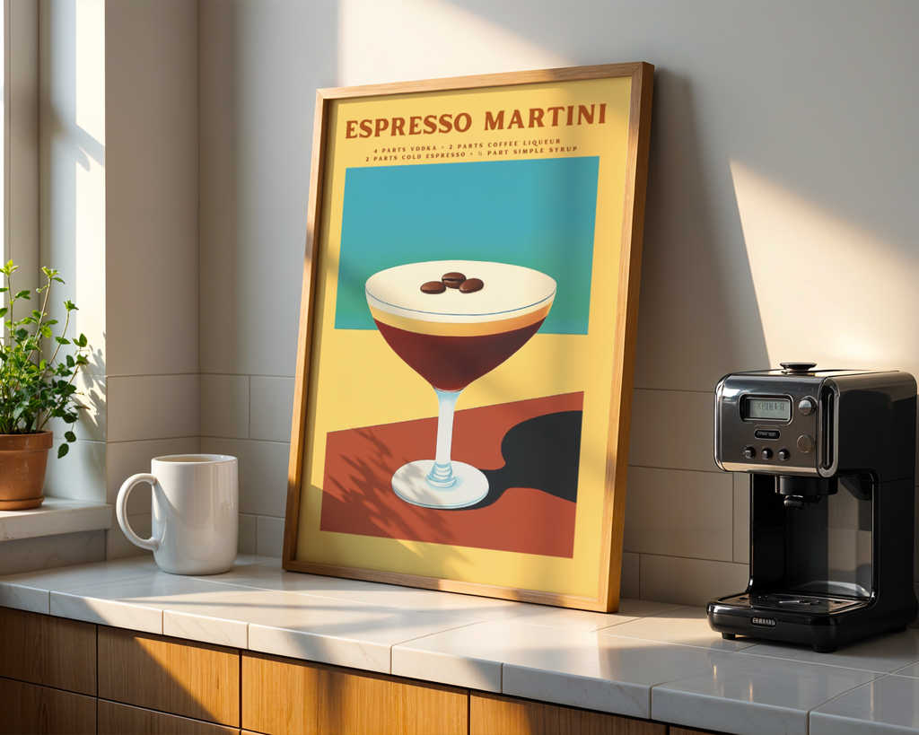 Mockup av Espresso Martini Cocktail affisch på vägg – köp enkelt hos Bozetto i hög kvalitet