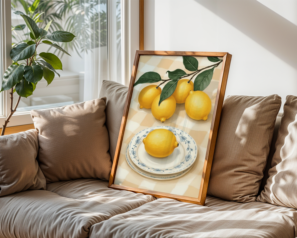 Mockup av Lemon Picnic No.2 affisch på vägg – köp enkelt hos Bozetto i hög kvalitet
