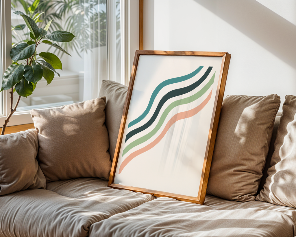 Mockup av Wavy Minimal Lines affisch på vägg – köp enkelt hos Bozetto i hög kvalitet