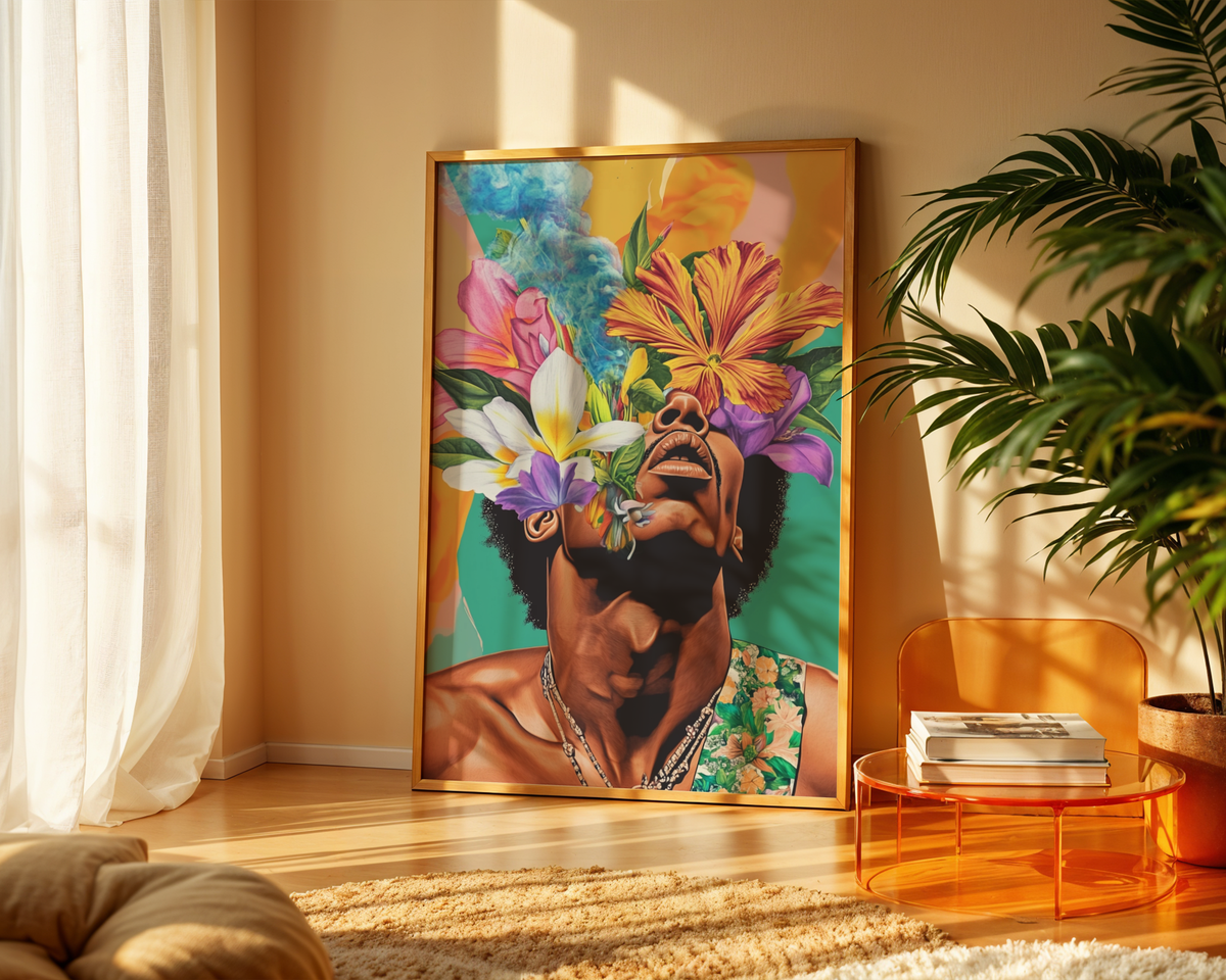 Mockup av Blooming Hendrix affisch på vägg – köp enkelt hos Bozetto i hög kvalitet
