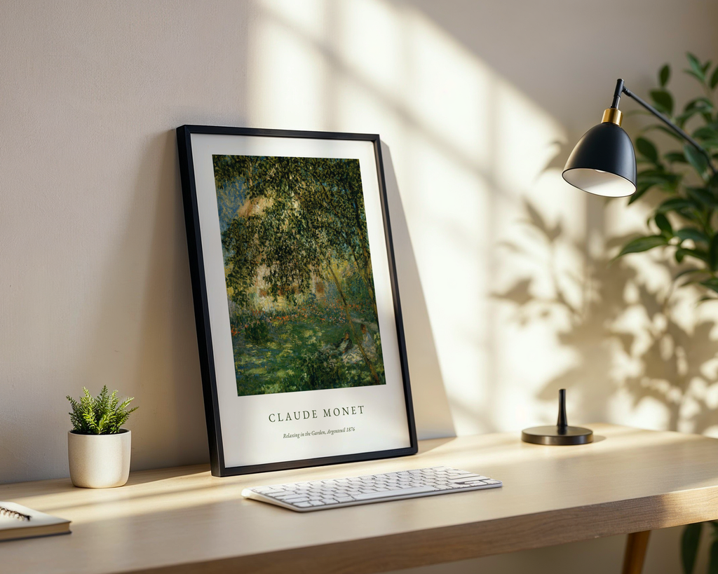 Mockup av Claude Monet Relaxing In affisch på vägg – köp enkelt hos Bozetto i hög kvalitet