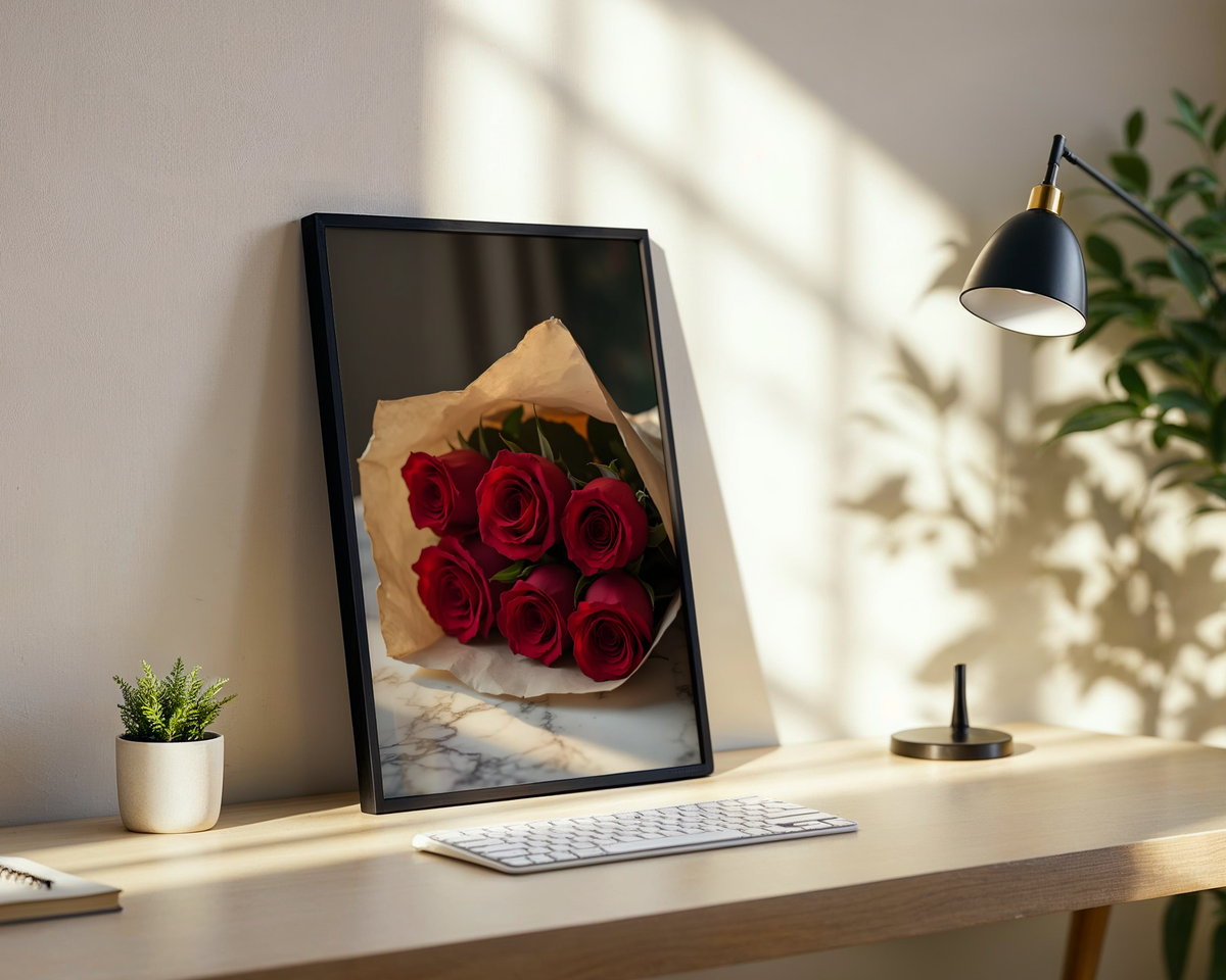 Mockup av Red Rose Bouquet affisch på vägg – köp enkelt hos Bozetto i hög kvalitet