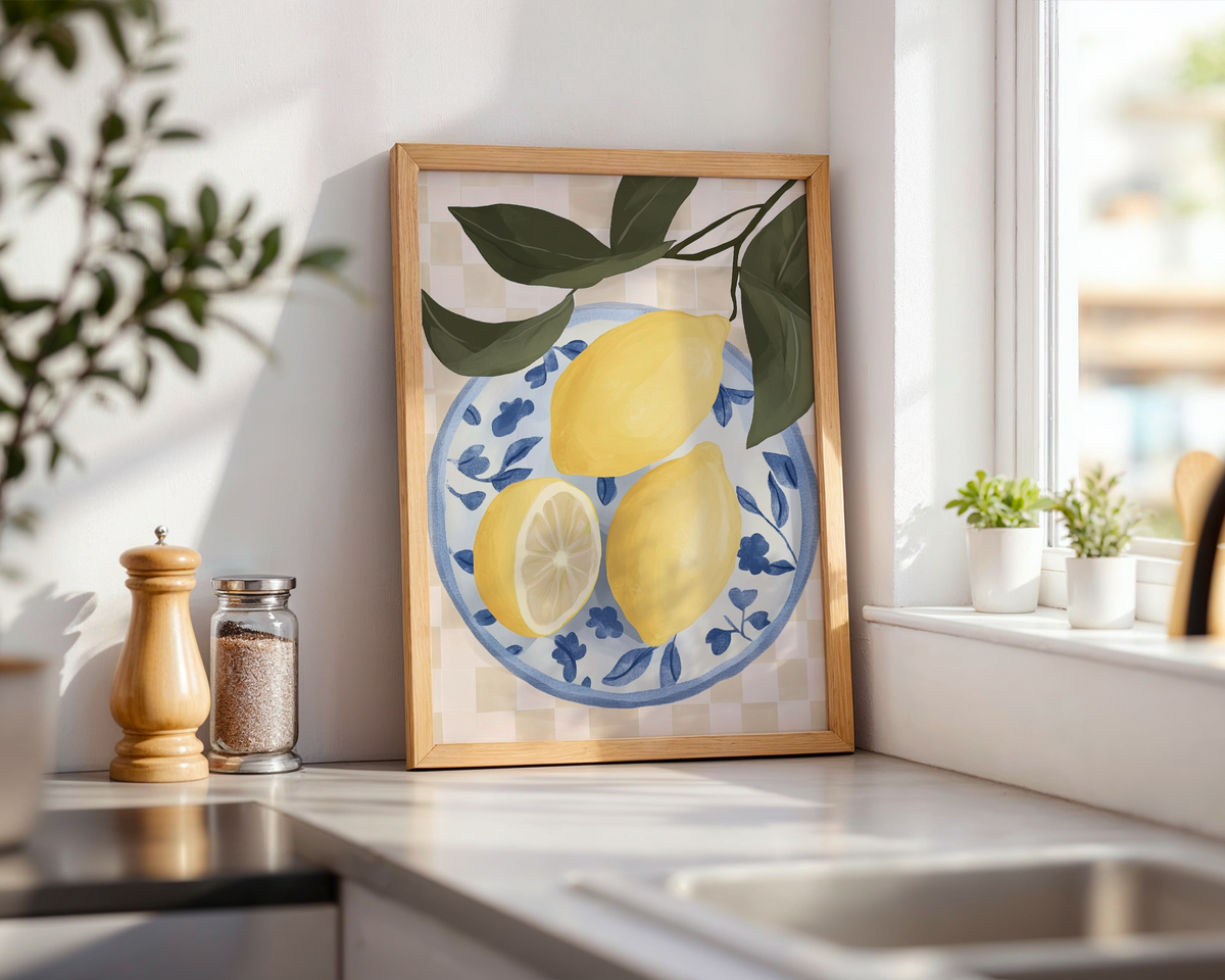 Väggmockup av Lemon Table affisch på ljus tegelvägg – Bozetto konsttryck i hög tryckkvalitet