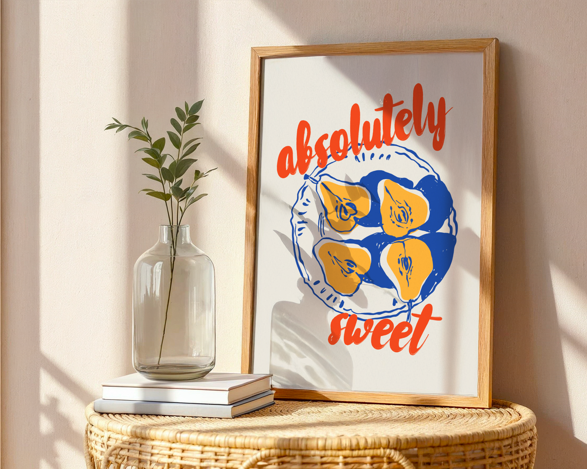 Mockup av Absolutely Sweet affisch på vägg – köp enkelt hos Bozetto i hög kvalitet