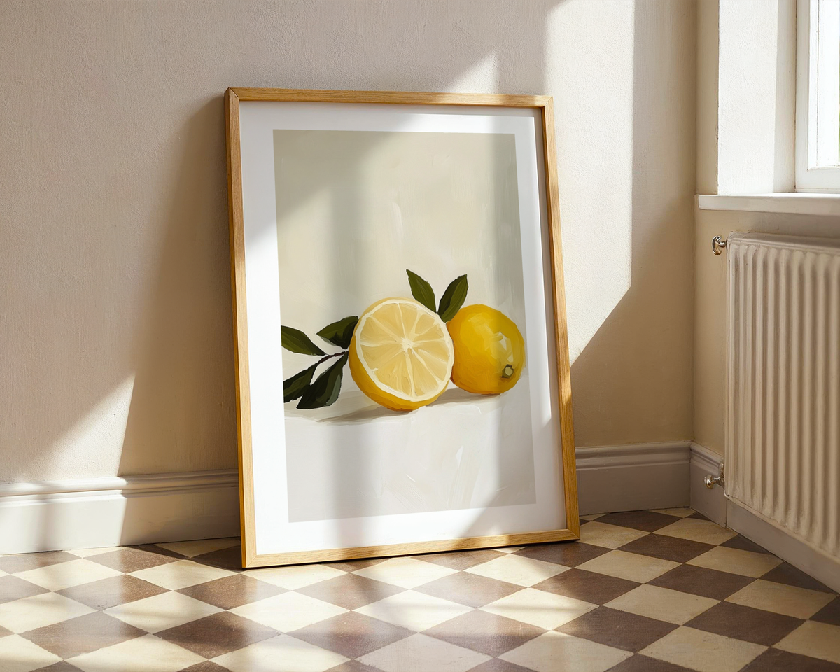 Minimal Lemon poster visualiserad på vägg – se rätt storlek med mockup från Bozetto