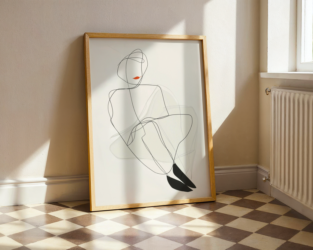 Mockup av Red Lips Line Woman affisch på vägg – köp enkelt hos Bozetto i hög kvalitet