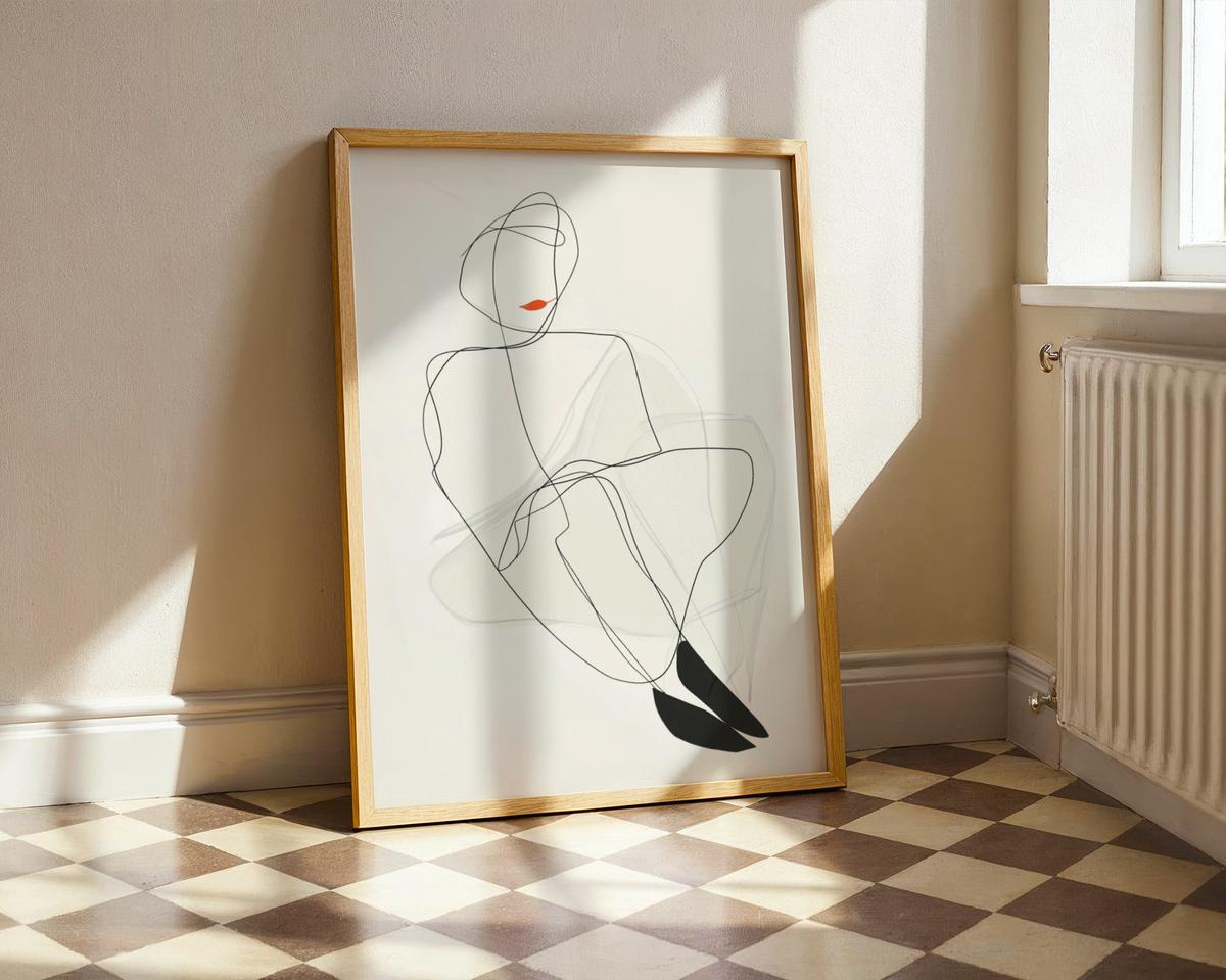 Mockup av Red Lips Line Woman affisch på vägg – köp enkelt hos Bozetto i hög kvalitet