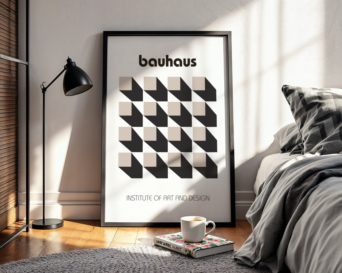 Mockup av Bauhaus Optical Grid affisch på vägg – köp enkelt hos Bozetto i hög kvalitet