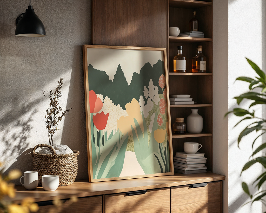 Mockup av Marigold Sunshine affisch på vägg – köp enkelt hos Bozetto i hög kvalitet