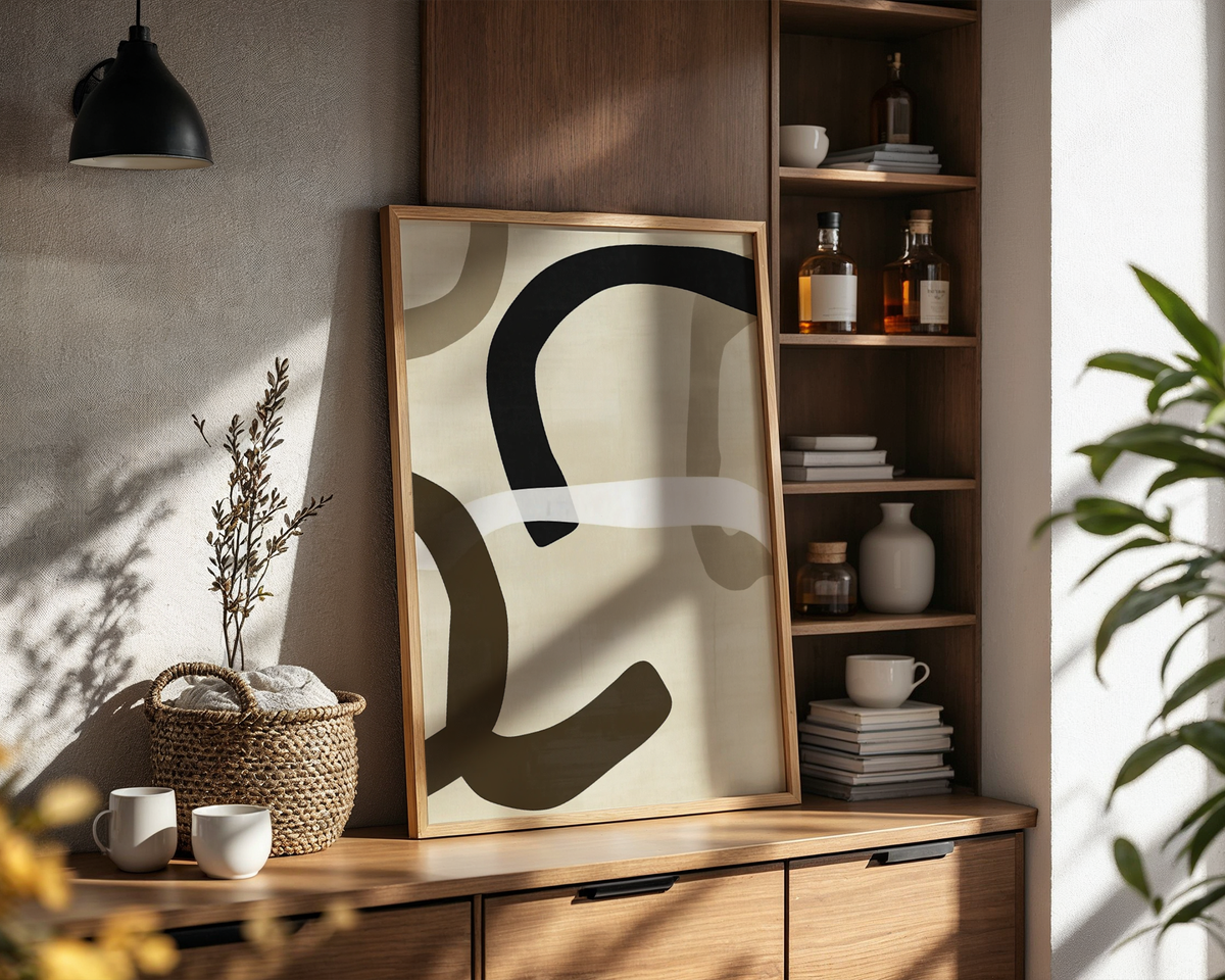 Mockup av Interwoven Curves affisch på vägg – köp enkelt hos Bozetto i hög kvalitet