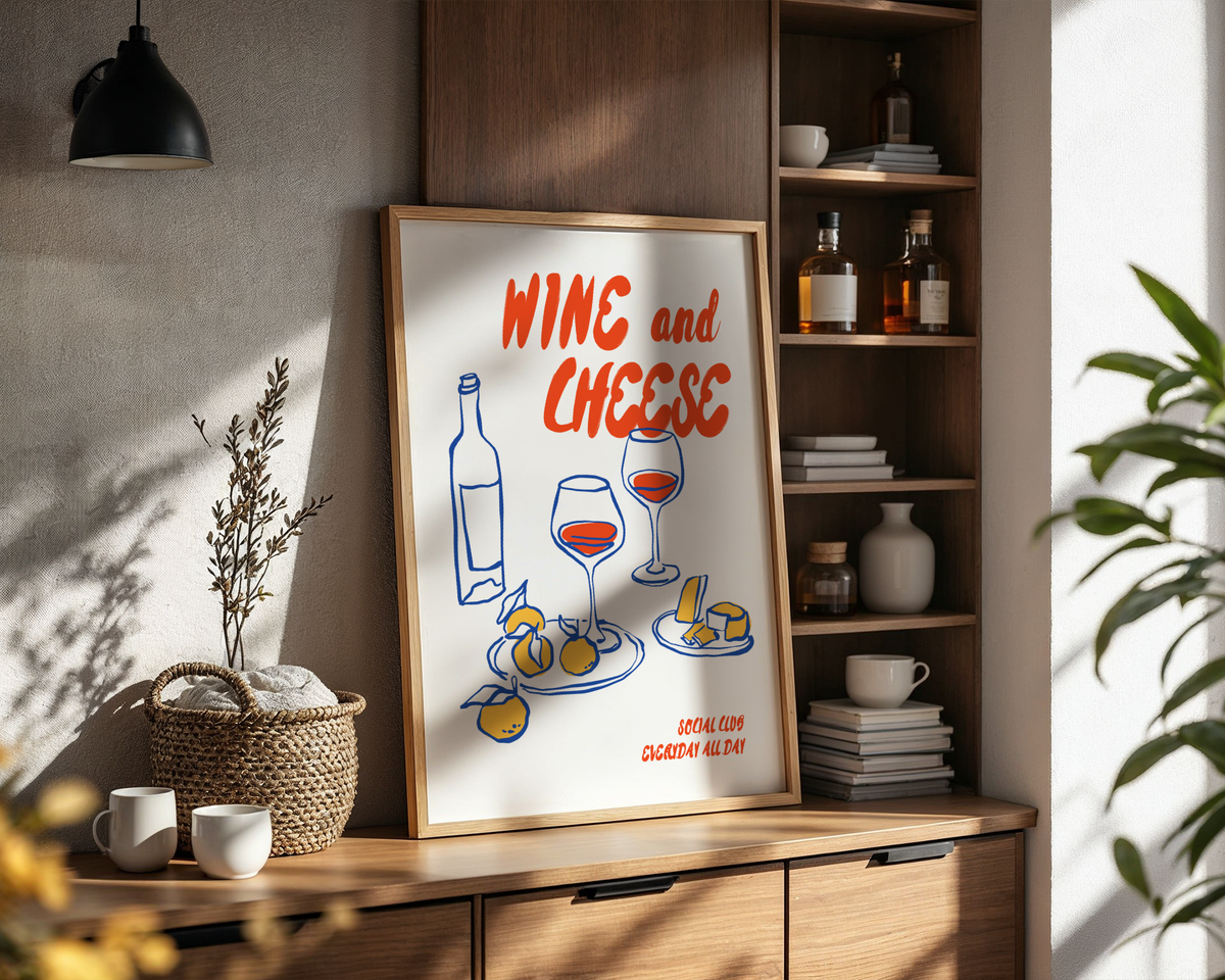 Mockup av Wine And Cheese No.3 affisch på vägg – köp enkelt hos Bozetto i hög kvalitet