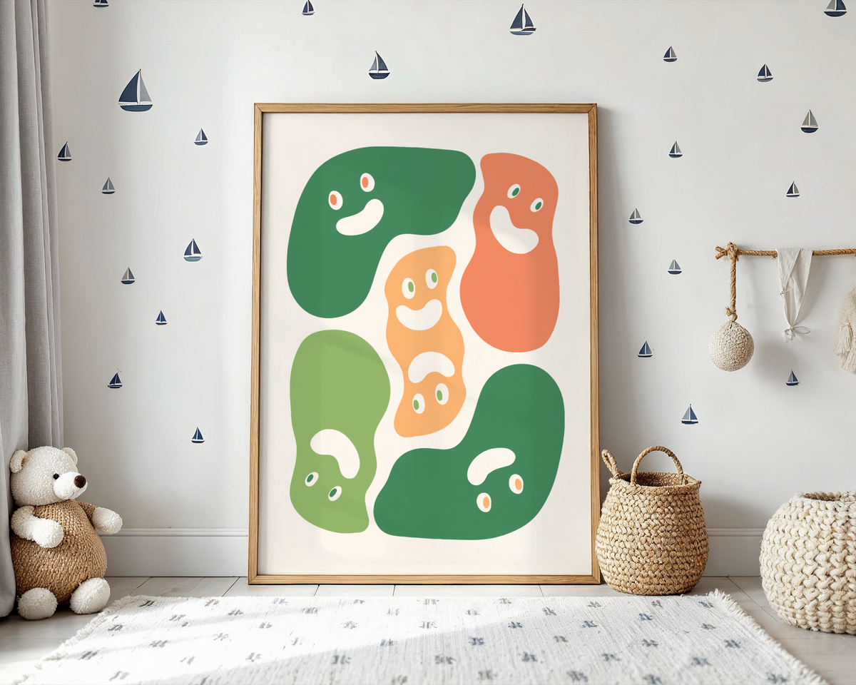 Mockup av Happy Blobs Abstract affisch på vägg – köp enkelt hos Bozetto i hög kvalitet