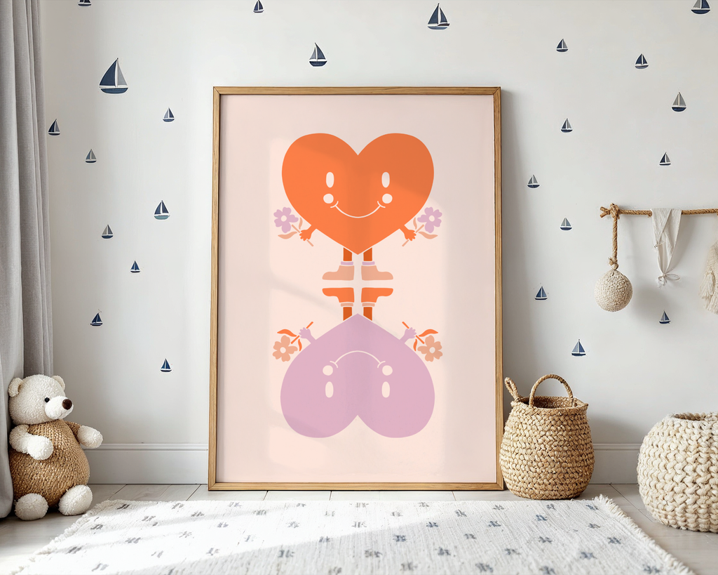 Väggmockup av Heart Friends affisch på ljus tegelvägg – Bozetto konsttryck i hög tryckkvalitet