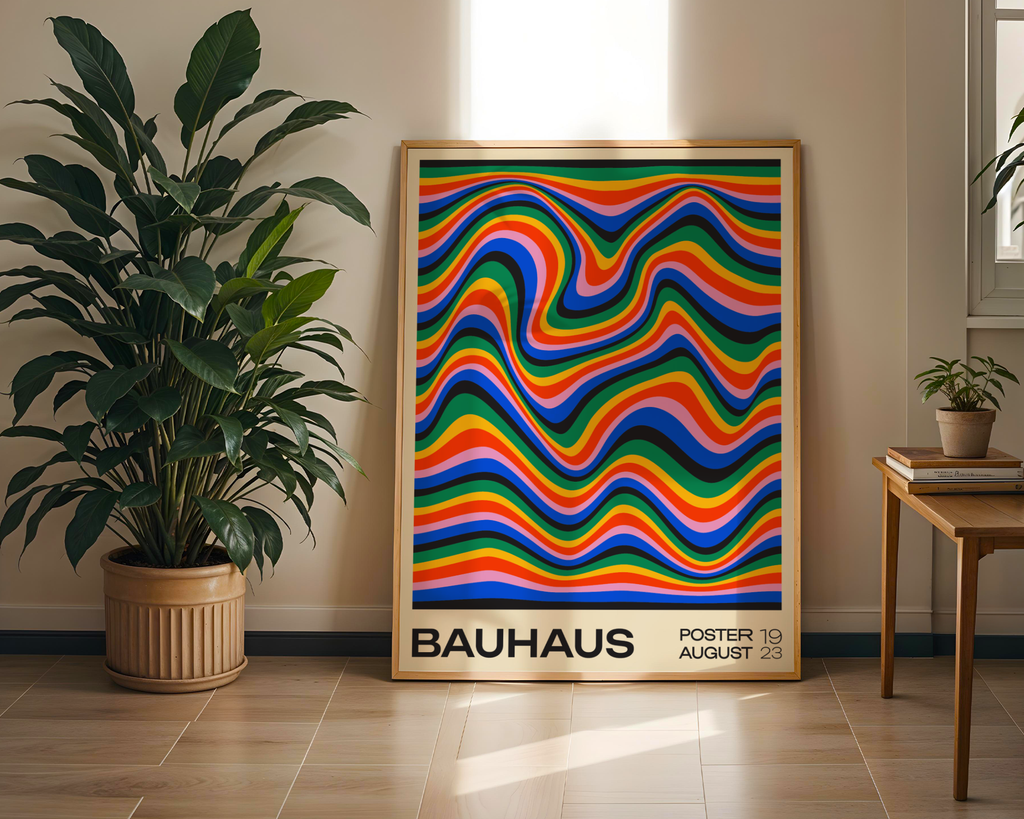 Väggmockup av Bauhaus Waves affisch på ljus tegelvägg – Bozetto konsttryck i hög tryckkvalitet