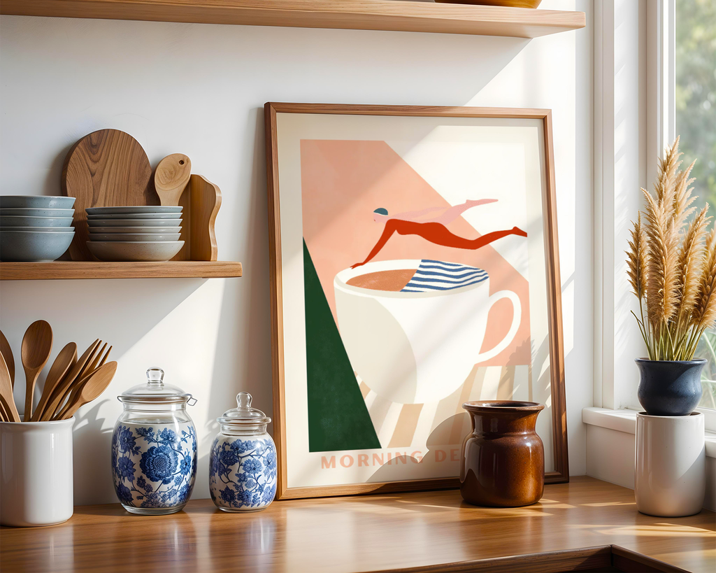 Väggmockup av Coffe Diving Drink affisch på ljus vägg – Bozetto konsttryck – nr 3