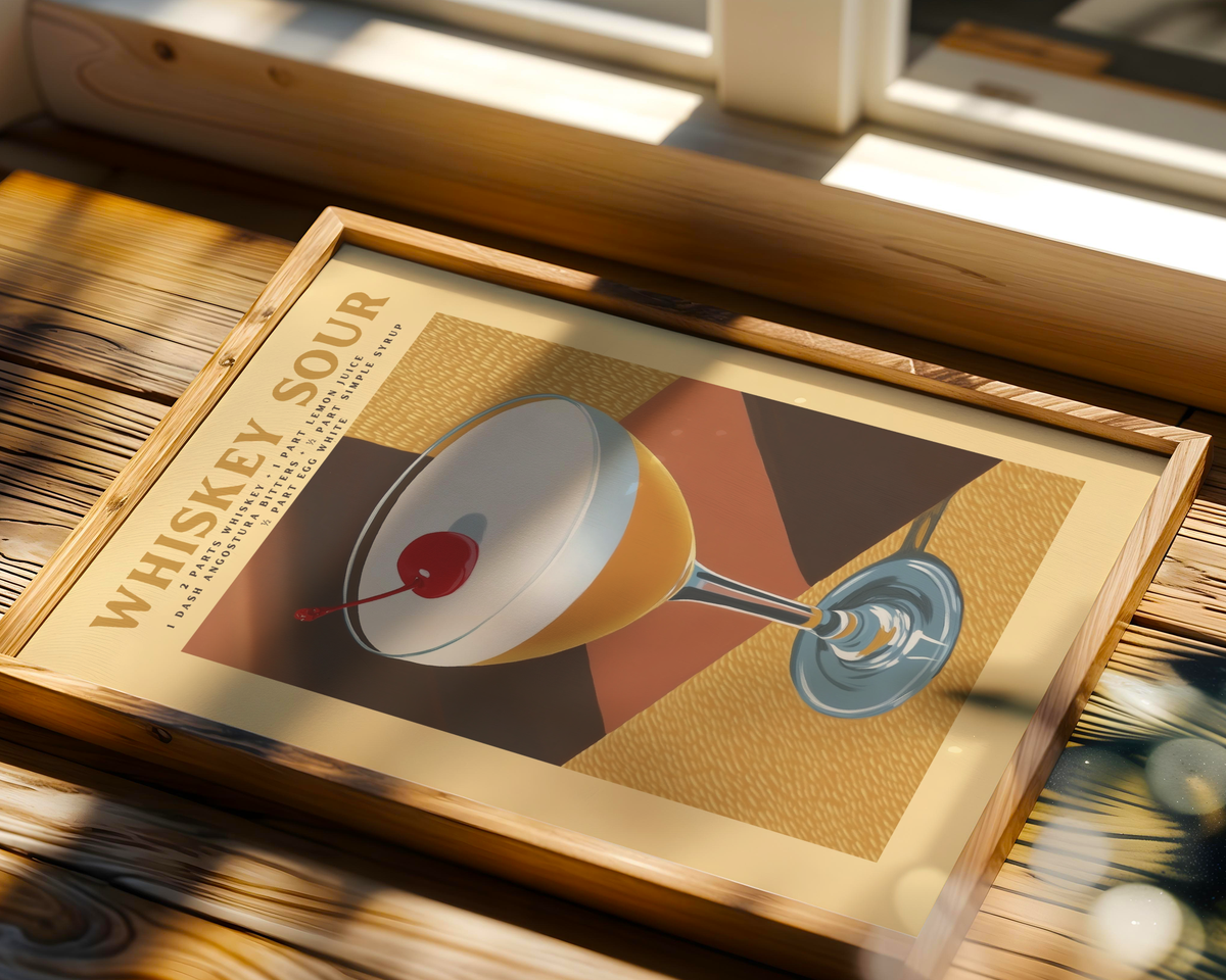 Väggmockup av Whiskey Sour Cocktail affisch på ljus vägg – Bozetto konsttryck – nr 3
