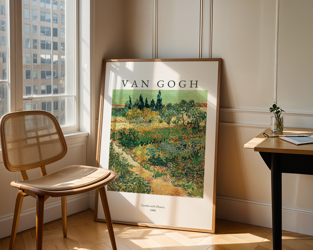 Mockup av Van Gogh Garden With Flowers affisch på vägg – köp enkelt hos Bozetto i hög kvalitet