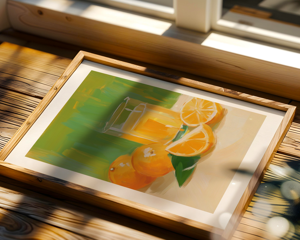 Orange Juice poster visualiserad på vägg – se rätt storlek med mockup från Bozetto