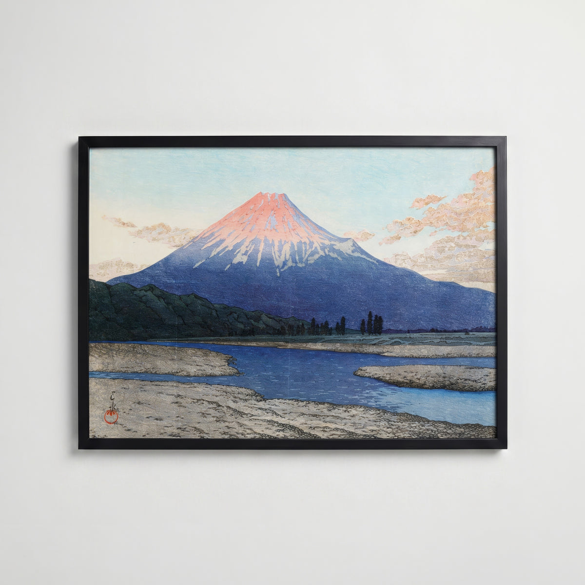 Fuji River Hasui Kawase poster visad rakt fram – Bozetto affisch i hög tryckkvalitet