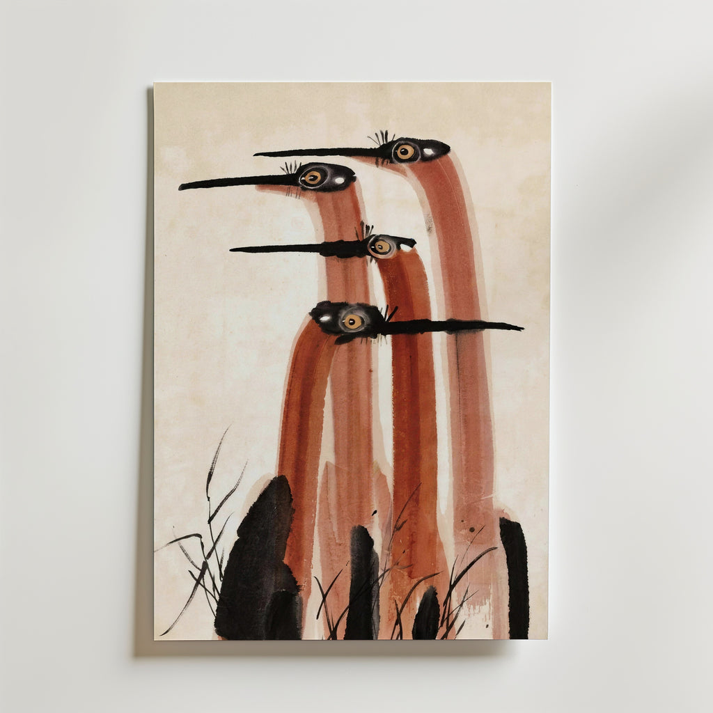 Ink Cranes Terracotta Poster – tranor i roströd sumi-e tusch