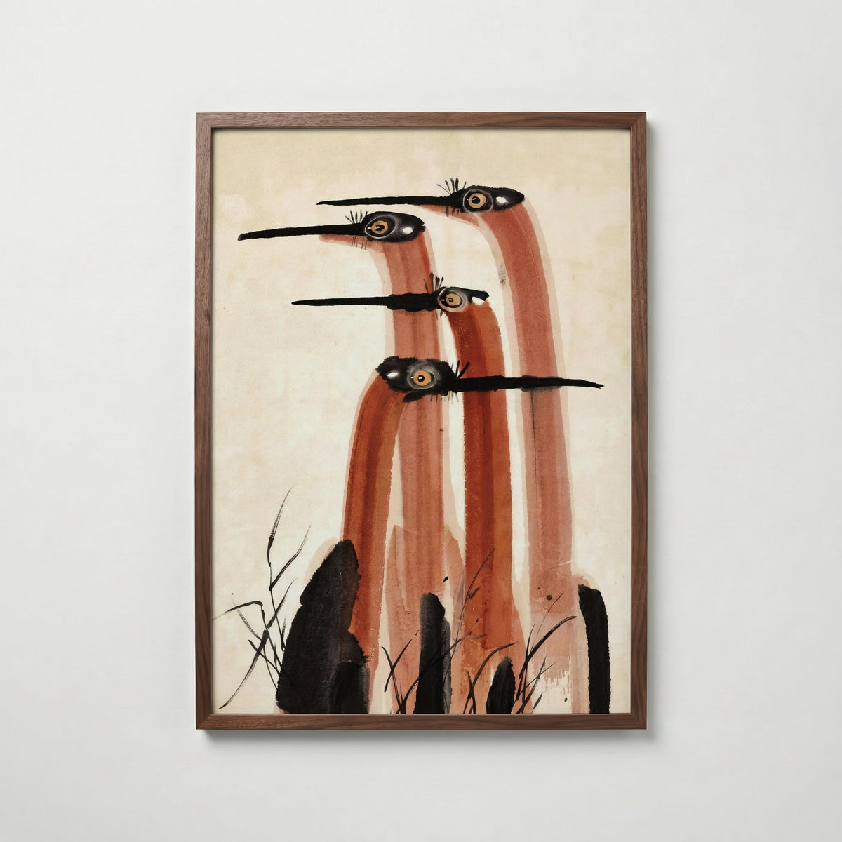 Ink Cranes Terracotta Poster i valnötsram