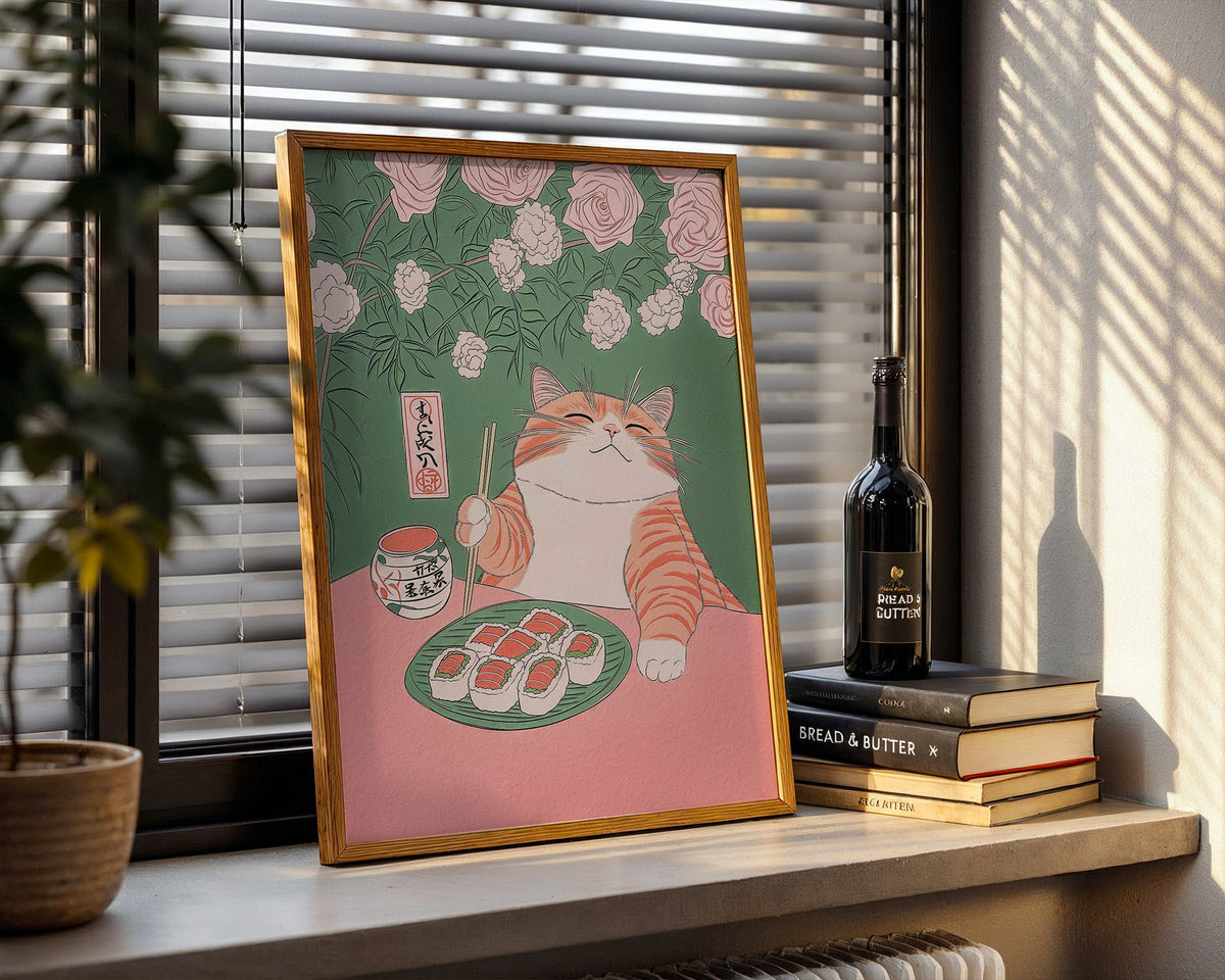 Väggmockup med Sushi Cat Delight – köp enkelt hos Bozetto affisch i hög kvalitet