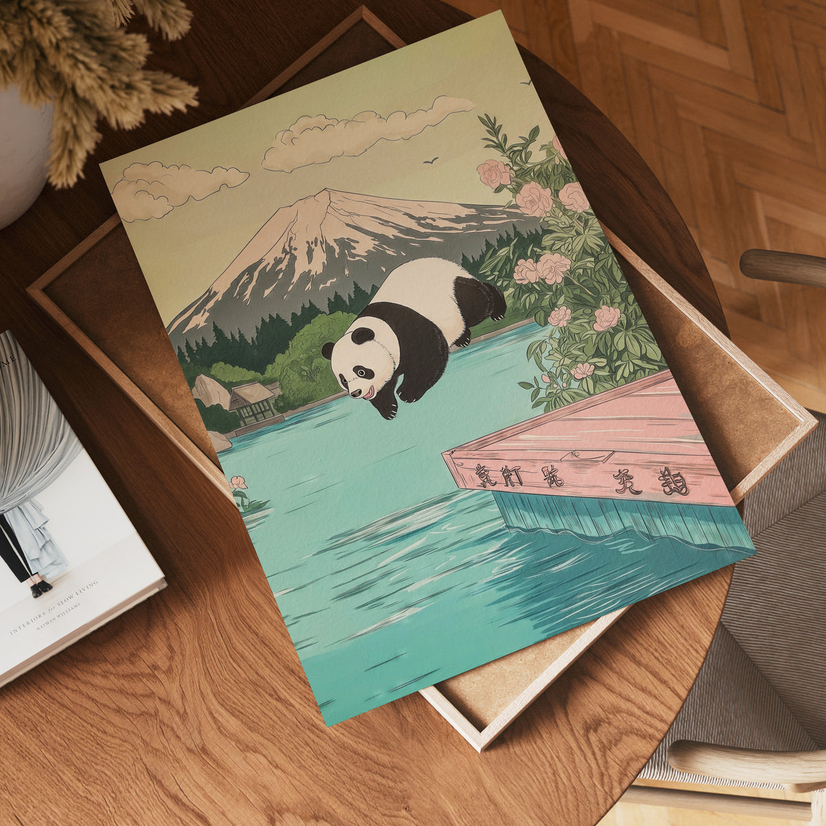 Diving Panda i väggmockup – konsttryck presenterat i verklig miljö av Bozetto i hög tryckkvalitet