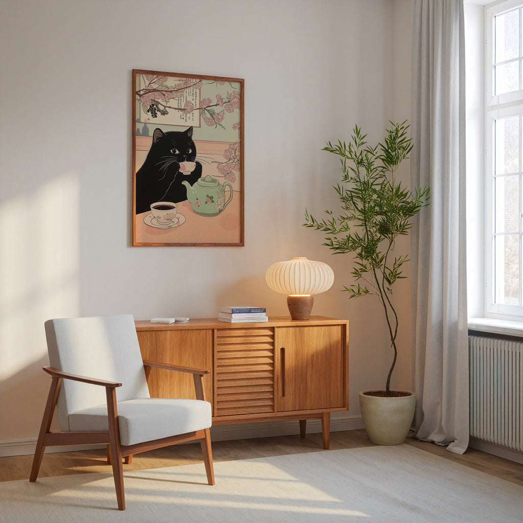 Sakura Tea Cat poster visualiserad på vägg – se rätt storlek med mockup från Bozetto