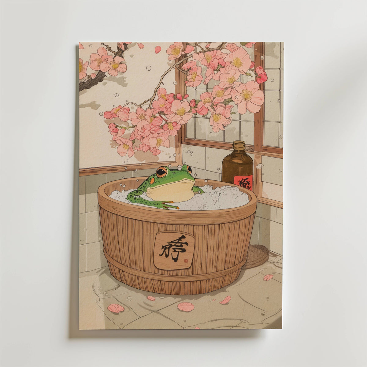 Mockup av Sakura Bath Frog affisch på vägg – köp enkelt hos Bozetto i hög kvalitet