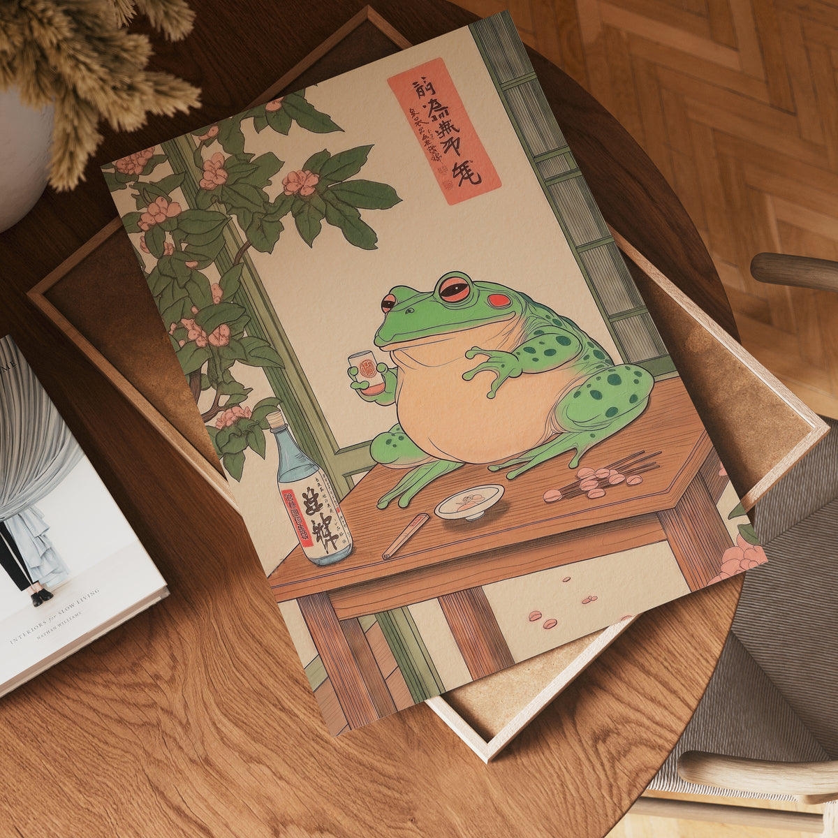 Sake Frog i väggmockup – konsttryck presenterat i verklig miljö av Bozetto i hög tryckkvalitet