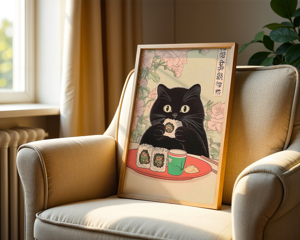 Mockup för Sushi Cat – se hur affischen ser ut inramad på din vägg, Bozetto i hög tryckkvalitet